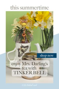 the cover of this summertime magazine shows flowers in vases, teapot and tinker bell