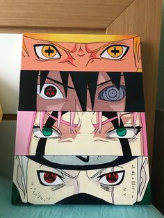 an image of anime characters painted on canvases with eyes and nose shapes in different colors