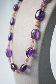 Beautiful Natural Purple  Amethyst and Multicolor Spinel Necklace with Rose Gold Filled Pieces, Length: 45cm  Amethyst size is 6x10mm (0.3x0.5'') Necklace Length can be adjustable. --- Free International Shipping Worldwide --- Spinel Necklace, Long Beaded Necklace, Bead Jewellery, Purple Amethyst, Or Rose, Jewelry Inspiration, Bead Work, Charm Necklace, Gold Filled