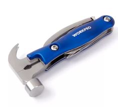 a blue swiss army knife with an open blade on it's side and the words workhorse written in white