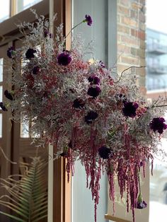 purple and white flowers hanging from a window sill