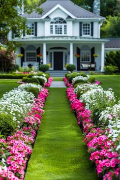 pink and white flowers line the lawn in front of a large, elegant house with green grass