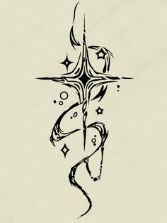 a cross tattoo design on a white paper with stars and circles in the background,