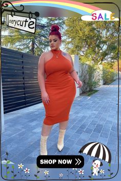 Plus Size Summer Sleeveless Halter Neck Bodycon Midi Dress Elegant Orange Sleeveless Halter Dress, Fitted Sleeveless Orange Midi Dress, Casual Sleeveless Bodycon Halter Dress, Orange Fitted Sleeveless Midi Dress, Orange Fitted Midi Sleeveless Dress, Orange Sleeveless Bodycon Midi Dress, Casual Orange Sleeveless Bodycon Dress, Orange Sleeveless Bodycon Dress, Sleeveless Stretch Orange Midi Dress