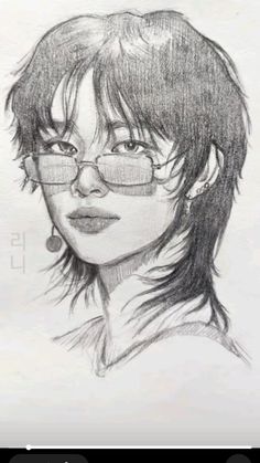 a pencil drawing of a girl with glasses on her face and hair in the background