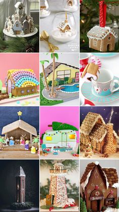 a collage of gingerbread houses and other christmas decorations in different styles, sizes and colors