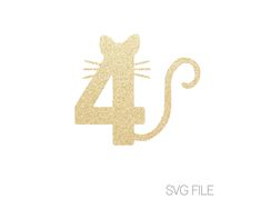 the number four with a cat on it's head is shown in gold glitter