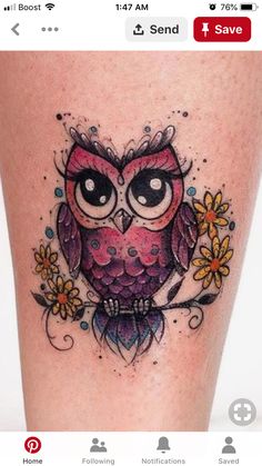 an owl with flowers on its leg is shown in this tattoo photo, which appears to be posted on instagram