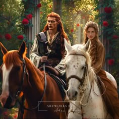 two people are riding horses in the woods with roses on the trees and bushes behind them