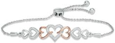 Zales 1/10 CT. T.W. Diamond Intertwining Heart Bolo Bracelet in Sterling Silver and 10K Rose Gold - 9.5" Bolo Bracelet, Sterling Silver Bracelets, Wheat, Rose Gold, Bracelet, Sterling Silver, Chain, 10 Things, Silver