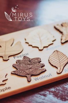 a wooden board with different types of leaves on it and the words, mrus toys