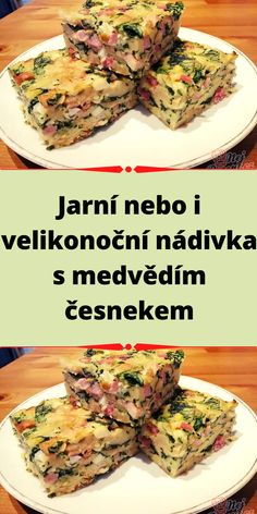 there are three slices of quiche on the plate with words in russian and english