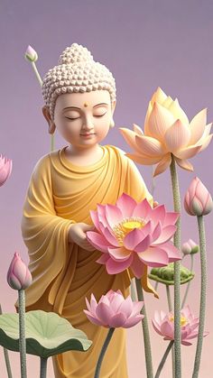 the buddha statue is surrounded by pink flowers