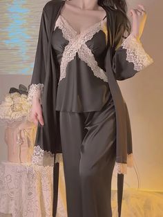 Robe Pajamas, Lace Pajamas, Matching Robes, Comfortable Shorts, Silk Lace, Spandex Shorts, Shorts Pants, Short Waist, Pajamas Set