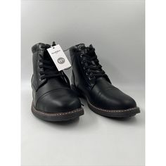 Goodfellow & Co Men's Jeffrey Cap Toe Combat Boots, Black - Sizes 11.5. From Casual Days At The Office To An After-Work Hangout With Friends, These Jeffrey Lug Combat Boots From Goodfellow & Co Are A Comfortable And Stylish Pick. Designed With A Cushioned Footbed For Comfortable Walking, These Mid-Calf Combat Boots Feature A Subtly Textured Faux-Leather Exterior For A Polished Look. The Lace-Up Design Offers You A Customized Fit, Along With A Back Tab That Makes Sliding Them On And Off A Breeze. Pair With Anything From Straight-Fit Chinos And Jeans To Tailored Shorts For Versatile Styling Options. Retail: 44.99 We Will Gladly Combine Shipping. Please Take A Look At Our Other Items. Usu Black Casual Moc Toe Work Boots, Casual Black Moc Toe Work Boots, Casual Black Work Boots With Steel Toe, Black Work Boots With Goodyear Welt And Round Toe, Casual Cap Toe Work Boots For Winter, Casual Black Weatherproof Lace-up Boots, Black Goodyear Welt Ankle Work Boots, Black Casual Lace-up Boots With Moc Toe, Casual Black Lace-up Moc Toe Boots