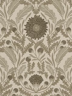 a brown and beige wallpaper with leaves and flowers on the side, as well as an image of a large flower