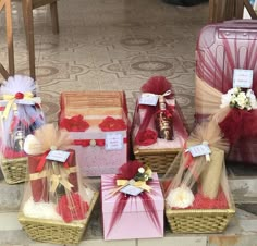 Engagement dowry gifts items wrapped in burgundy and beige theme. Ghana Engagement Items Wrapping, Engagement List For Bride, Engagement Wrapping Ideas, Eru Iyawo Packaging