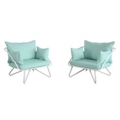 two chairs with pillows on them sitting next to each other in front of a white background