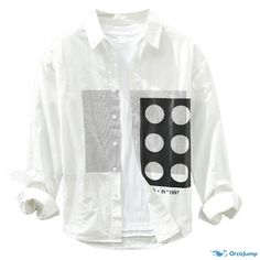 OrcaJump - Stylish and Relaxed Striped Patchwork Long Sleeve Shirt for a Modern and Casual Look Casual White Shirt With Patchwork, Casual White Patchwork Shirt, White Long Sleeve Shirt With Patchwork, White Button-up Shirt With Patchwork, Style Cardigan, Spring Shirts, Fabric Names, Casual Look, Spring And Fall