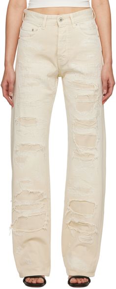 Straight-leg non-stretch denim jeans. Distressing and fading throughout. · Belt loops · Five-pocket styling · Button-fly · Logo patch at back waistband Supplier color: Ivory Ssense Heron Preston White Jeans, Welding Rods, Fly Logo, Heron Preston, Yellow Fashion, Color Ivory, Preston, Distressed Jeans, Stretch Denim