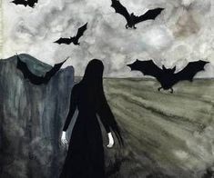 a painting of a woman standing in front of bats flying over her head and the ground