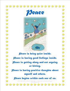 a poem written in blue and white with stars around it that reads peace, dance is being quiet inside