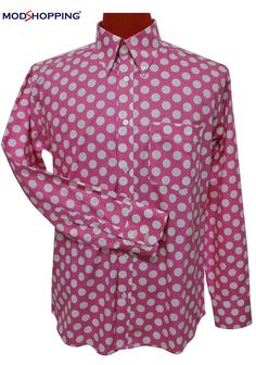 "MOD STYLE Big White dot in Light Pink shirt Button down collar shirt 100% cotton 2 button Noatch cuff Dart at the back bouble steching slim fit shirt -shipping takes about 10-15 days depending on your location Measurements Guide: XXS (body chest -34\") = arm pit to pit ( 19\" ) / Neck- 14\" XS (body chest -36\") = arm pit to pit ( 19.5\" ) / Neck- 14.5\" S (body chest -38\") = arm pit to pit ( 20.5\" ) / Neck- 15.5\" M (body chest -40\") = arm pit to pit ( 21.5\" ) / Neck- 16\" L (body chest -4 Polka Dot Shirt Men, White Polka Dot Shirt, Mod Suits, Shirt For Man, Light Pink Shirt, Blue Suit Men, Dot Shirt, Paisley Shirt, Mod Style