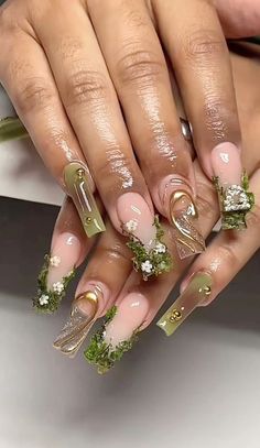 Forbidden Kingdom Nails, Creative Long Nails, Sage Green Nails Black Women, Green Brown And Gold Nails, Enchanted Forest Theme Quinceanera Nails, Yellow Green Nails Design, Long Aura Nails, Emerald Green Nails Ideas, Green Junk Nails