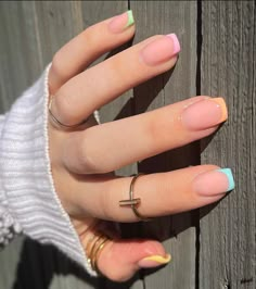 Multi color french tip nails short natur acrylic summer nails Short French Tip Nails, Short Gel Nails, Square Nail Designs, Easy Nails, Short Square Nails, Work Nails, Short Square Acrylic Nails