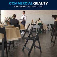 people sitting at tables in a restaurant with the words commercial quality constant frame color