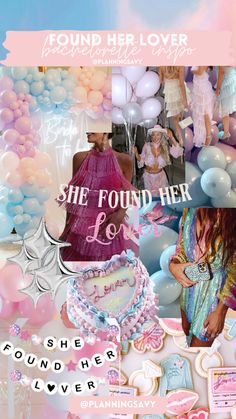 a collage of photos with balloons, stars and other things in the background that says she found her love