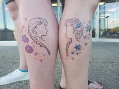 two people with tattoos on their legs