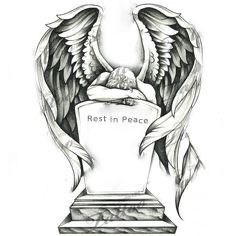 a drawing of a statue with wings on it's head and the words rest in peace