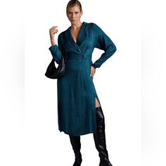 Women’s Dress, Blazer Dress, Wrap Dress Anthropologie Size Us 8 Falls Approximately 47” From Shoulder Collared Interior Wrap Tie With Button Closure Color: Indigo/Emerald Green New With Tags Retails For $200- Sold Out Style Dressy Fall Sheath Midi Dress, Dressy Sheath Midi Dress For Fall, Blue Formal Maxi Dress For Winter, Dressy Winter Workwear Dresses, Elegant Blue Dress For Fall, Blue Formal Dress For Fall, Formal Blue Dress For Fall, Mustard Yellow Dresses, Dress Blazer