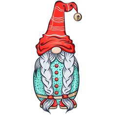 a cartoon gnome with braids and a red hat on his head is standing in front of a white background