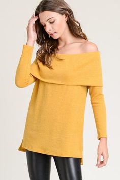 Give your everyday looks an on-trend update with the Off-the-Shoulder Mustard Classy Sweater. Comfy yet fashionable, this women's long sleeve makes a great pick in both your casual and dressy wardrobe. Styled with an edgy off-the-shoulder-neckline and beautiful color, it brings a touch of beauty to any of your looks. Crafted from a super soft fabric with a loose fit that drapes comfortably, this top falls just below the waist. Pair it with solid dress pants and heels for formal occasions, or kee Formal Dresses Mini, Heels For Formal, First Date Dress, Classy Sweater, Color Pairs, Mustard Sweater, Comfy Sweater, Online Clothing Boutiques, Loose Fitting Tops