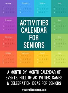 A month-by-month calendar of events, full of activities, games &… Pinned by OTToolkit.com. Treatment plans and patient handouts for the OT working with physical disabilities and geriatrics. Activities Calendar For Seniors, Older Adults Activities, Senior Citizen Activities, Activities Director, Senior Living Activities, Therapeutic Recreation