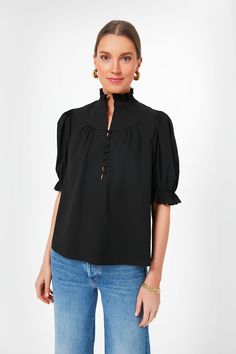 Black Selena Blouse | Pomander Place Jean Blouse Outfit, Black T Shirt Outfit Women, Style Capsule, 2024 Style, Work Blouses, Chic Blouses, Brand Board, Personal Brand, Blouse Outfit