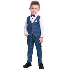 a young boy in a blue suit and bow tie standing with his hands on his hips