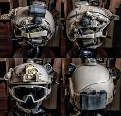 four different views of a helmet with multiple parts attached to the face and neck, all in various angles