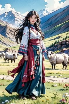 a painting of a woman with long hair standing in front of mountains and sheeps