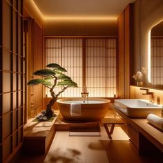 a bonsai tree in the middle of a bathroom with two sinks and a bathtub