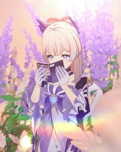 an anime character holding a cell phone up to her face while standing in front of purple flowers