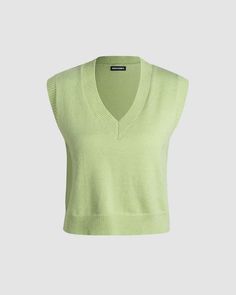 Details: Essential green knitted vest with V-neck design Top Length: Normal Sleeve Length: Sleeves Materials:95% Polyester + 5% Spandex Green V-neck Tank Top For Fall, Casual V-neck Sweater Vest, Green Knit Vest For Fall, Solid V-neck Vest For Spring, Green Knit Tank Top For Fall, Knit V-neck Vest Tops, Knit V-neck Top, Green Knit Sleeveless Vest, Green Sleeveless Knit Vest