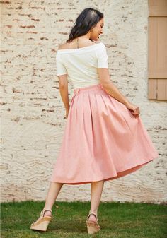 Effortless Feature A-Line Skirt Pink Midi Skirt, Feminine Blouses, Retro Graphic Tees, Spring Inspiration, Peachy Pink, In The Mood, The Mood, A Line Skirt, A Line Skirts