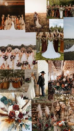 a collage of wedding photos with flowers and feathers in the foreground, an image of a bride and groom standing next to each other people