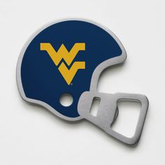 a football helmet shaped bottle opener with the word west virginia on it's side