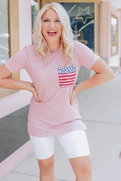 Pink Only In America Pocket Striped T-shirt Summer Flag Print T-shirt With Relaxed Fit, Summer Flag Print Short Sleeve Tops, Spring American Flag Print Relaxed Fit Tops, American Flag Print Relaxed Fit Tops For Spring, Relaxed Fit Top With American Flag Print For Spring, Casual Tops For 4th Of July With Relaxed Fit, Casual Relaxed Fit Tops For 4th Of July, American Flag Print Short Sleeve Top For Spring, American Flag Print T-shirt For Spring