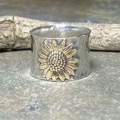 Sunflower Boho Ring #750 Wide, Textured Band Perfect For Stacking, Mixing And Matching. Just The Right Size To Have Personality Without Being Overwhelming Or Masculine! I Wear Mine Frequently, And Get Lots Of Compliments. Even Though I'm Rough On My Hands (We Have Horses And Dogs), It Has Worn Beautifully. Please Note That This Ring Is Not 925 Sterling Silver. Per The Manufacturer, It Is A Stainless Steel Alloy, And It Is Designed To Be Durable And Resist Tarnish. If You Have Any Questions, Or I Golden Sunflower, Joyful Heart, Sunflower Ring, Beautiful Symbols, Wide Band Ring, The Sunflower, New Metal, Meaningful Jewelry, Wide Band Rings