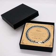 Surprise the special Fiancé with our Stainless Steel Cuban Link Chain Bracelet. Packaged in a luxury gift box with a personal message card included, this bracelet makes for a thoughtful and appreciated gift. The message reads: Life is learning to dance in the rain, find good in each day, Laugh, love, live, chase dreams, and be awesome. I'm always with you. The recipient will be touched by the thought and care put into this gift and will appreciate the style and quality of the bracelet. Made of high-quality stainless steel, this bracelet is durable and resistant to tarnishing. The classic Cuban link chain design adds a stylish touch to any outfit, making it a versatile accessory that can be worn daily. The bracelet measures 9.05 inches in length, has a width of 0.33 inches, and weighs 0.98o Luxury Stainless Steel Cuban Link Chain Bracelet, Luxury Stainless Steel Cuban Link Bracelet, Luxury Cuban Link Bracelet With Box Chain As Gift, Luxury Tarnish Resistant Cuban Link Bracelet, Luxury Stainless Steel Cuban Link Bracelet As Gift, Luxury Stainless Steel Cuban Link Bracelet Gift, Birthday Gifts For Fiance, Fiance Birthday Gift, Learning To Dance